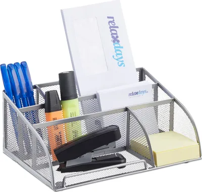 Produktbild von Relaxdays Schreibtischorganizer 5 Ablagen, kleiner Büroorganizer, Metallgeflecht, Stifteköcher, Briefablage, silber
