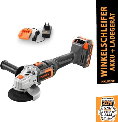 Obrázek produktu pro Akumulátorová úhlová bruska FUXTEC 20V FX-E1WS20 SET s 1 x akumulátorem 2Ah, 1 x nabíječkou 1A