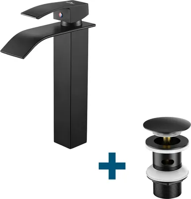 A black waterfall faucet and a black pop-up drain assembly are shown against a white background.