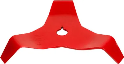A red three-bladed cutting blade for a trimmer or brush cutter, shown from a top-down perspective against a white background.