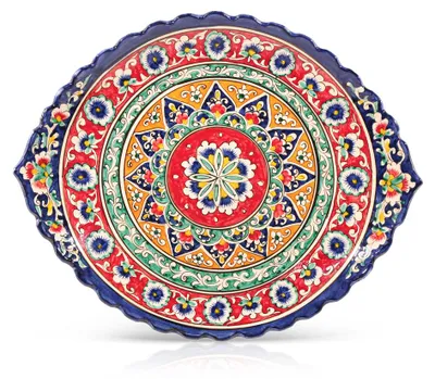 Produktbild von Servierplatte Lagan oval geschnitzt KaraKalam KO1 rot 34 x 42 cm Pilawteller, Keramik, Handarbeit