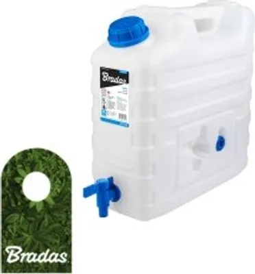 A white water container with a blue tap and lid, next to a green tag with a hole in it.