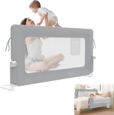 Image de UISEBRT Barrière de lit antichute réglable en hauteur 150cm, pliable, pivotante à 180 degrés, pour lit d'enfant et lit parental, Gris