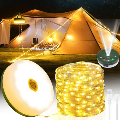 Zdjęcie produktu dla POWZOO, 10-metrowa lampka choinkowa do użytku podczas kempingu, 3-w-1, przenośne oświetlenie, 9 trybów, z pilotem, ładowalna przez USB (2000mAh), wodoszczelna (IP44), rozwijana lampa kempingowa, idealna do namiotu, ogrodu, balkonu i kampera.