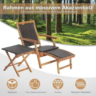 Zdjęcie produktu dla Składany leżak z drewna akacjowego ze stolikiem do ogrodu, na balkon i przy basen