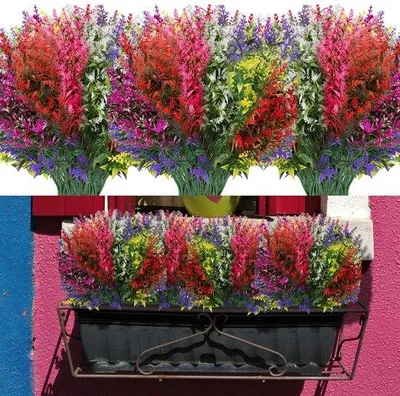 Immagine prodotto di Set Unyqoos® composto da 14 fiori di lavanda artificiali colorati – plastica resistente ai raggi UV, decorazione facile da curare per interni ed esterni, aspetto realistico, 7 colori
