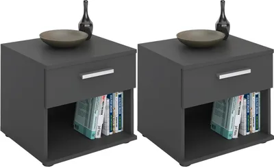 Two matching gray nightstands are shown side-by-side. Each nightstand has a drawer and an open shelf below. The top of each nightstand holds a brown bowl and a black decorative vase.