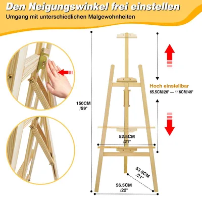 Obrázok produktu pre Drevený stojan – nastaviteľný umelecký stojan – vhodný na plátno a výstavy – pre dospelých – výška 1,75 m – jednoduchá montáž
