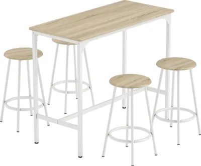 Image de Ensemble table de bar - Table haute avec 4 tabourets - gain de place - 110×50×89,5 cm - Pour petits espaces, cuisine, salle à manger, balcon - Naturel et blanc