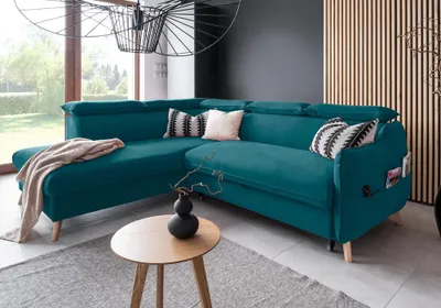 Produktbild von MIUFORM Sweet Harmony - Ecksofa mit Bettfunktion und Bettkasten L-FORM LINKS - 253x208cm - Velours Türkis - Sofa Schlafsofa Couch
