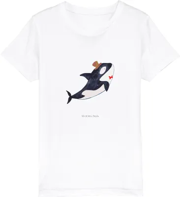 Produktbild von Mr. & Mrs. Panda Organic Kinder T-Shirt Orca Zylinder 3-4 Jahre (98/104) - Weiß - Geschenk, Fest, Konfetti, Feier, Geburtstag, Kindershirt, Meer, Mädchen, Teenager, Fete