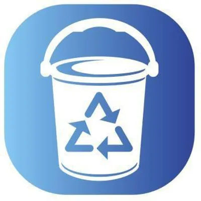 A white bucket with a recycling symbol on it, set against a blue gradient background.
