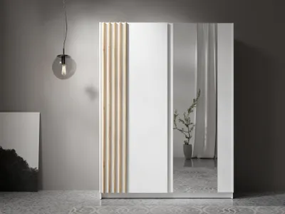 Produktbild von AX LIVING Kleiderschrank weiß mit Spiegel 150 cm – Beralto mit Lamellen
