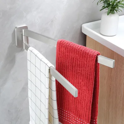 Image de Porte-serviettes double pivotant à 180°, fixation murale, barre en acier inoxydable brossé argenté, porte-serviettes pivotant pour salle de bains, 43,5 cm