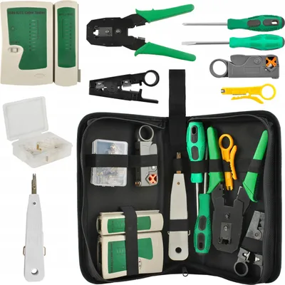 A collection of network cable testing and crimping tools laid out on a white background.
