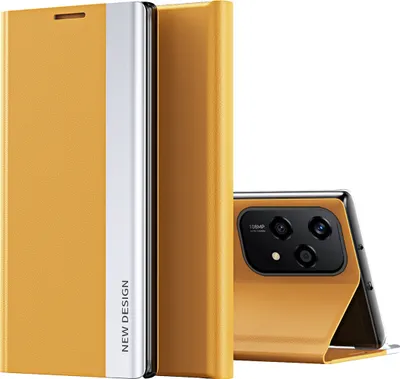 A yellow flip case for a smartphone is shown, with the phone partially visible and displaying its camera module.
