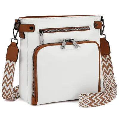 Produktbild von Schultertasche Handtasche damen mittelgroß Umhängetaschen crossbody bag Retro leder Polyurethandamentaschen mit breitem gurt handtaschen (weiß/Hellbraun)