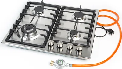 Produktbild von Gaskochfeld 4 flammig Edelstahl / Gaskocher Einbauherd f. Propangas + Gusstopfträger (Kocher Gasherd, Campingkocher, Camping) - ohne Gaskartusche