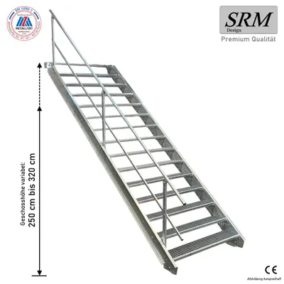 Produktbild von SRM Design, Stahltreppe, Breite 100 cm, Geschosshöhe 250-320 cm, einseitigem Geländer, 15 Stufen, Wangentreppe, Industrietreppe, Außenaufgang, Außenbereich, gewerblicher Einsatz
