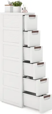 Produktbild von GOPLUS Nischenschrank schmal, Badschrank klein mit Schubladen & Rollen, Toilettenschrank für Toilettenpapier, mit 6 Schubladen, Weiß