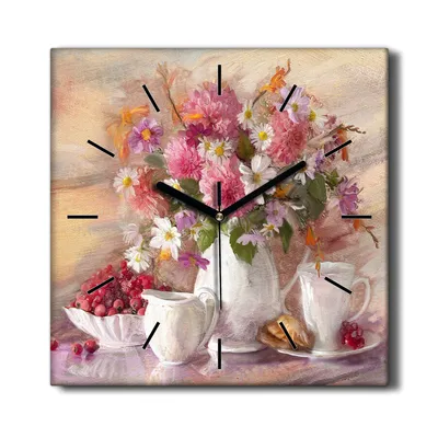 Produktbild von Coloray Hodiny Unikátní 30x30 cm  Tiché hodiny Pro obývací pokoj a kuchyň Nástěnné hodiny Plátno Černé ručičky hodin - Květiny šálku