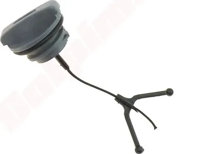 A gray fuel cap with a black tether and handle, isolated on a white background.