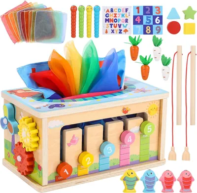 Produktbild von Montessori Spielzeug ab 1 2 3 Jahr,6-in-1 Tücherbox mit Knistertuch, Motorikwürfel Holzspielzeug,Kinder Holzspielzeug Motorikspielzeug