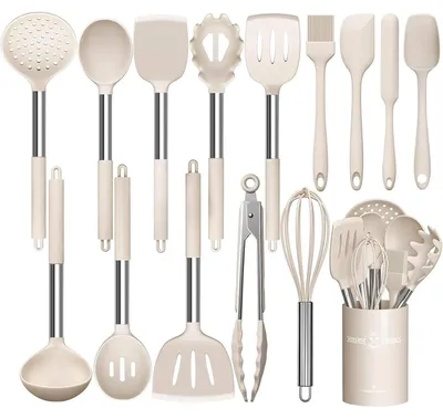 Image de Ensemble d'ustensiles de cuisine, 15 pièces, en silicone antiadhésif, résistant à la chaleur, avec manche en acier inoxydable, couleur kaki