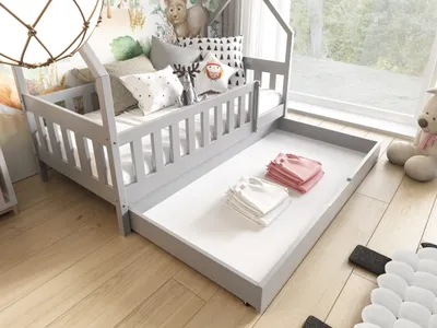 Produktbild von Schublade 150 cm Schublade unter dem Bett, Stauraum für Bettzeug, Spielzeug, für Kinderbetten, Holz Grau