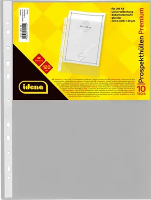 Produktbild von Idena 10010 - Prospekthüllen DIN4, 10 Stück, aus PP-Folie, Folienstärke 0,12 mm, extra stark, dokumentenecht, Euro-Lochung, transparent, glasklar