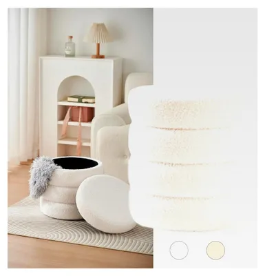Produktbild von Runder Teddy Hocker mit Stauraum - Sitzhocker, Schminktisch & Aufbewahrungshocker für Wohnzimmer, Schlafzimmer & Kinderzimmer (Weiß)