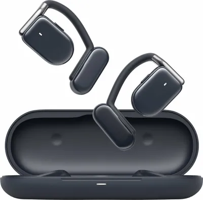 A pair of blue and gray open-ear headphones and their charging case are shown against a white background.