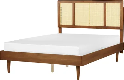 Produktbild von BELIANI Bett Hellbraun Gummibaumholz mit LED-Licht Lattenrost 140 x 200 cm Hohes Kopfteil Wiener-Geflecht Rustikaler Stil Schlafzimmer Doppelbett