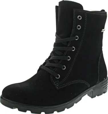 A black suede boot with laces and a thick sole, presented against a white background.