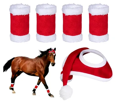 Produktbild von 5 x Zubehör für Weihnachtspferde, Nikolausmütze für Pferde und 4 x Beinwickel für Weihnachtspferde, Winter, Weihnachten, Urlaub, Party-Zubehör
