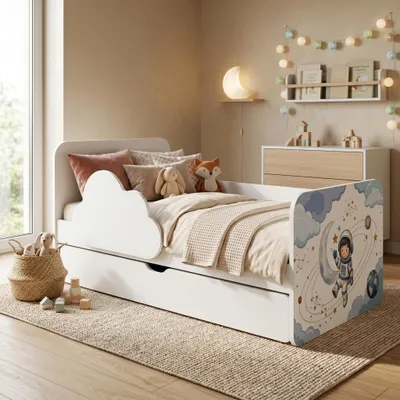 Image de Lit blanc pour tout-petits 160 x 80 cm, motif nuage | Avec coffre de rangement et matelas en mousse | Filles et garçons, espace, cosmonaute