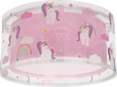 Produktbild von Deckenleuchte für Kinderzimmer mit zwei Lichtern und Einhornmuster in Rosa