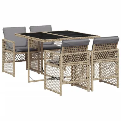 Produktbild von 5-tlg. Garten-Essgruppe mit Kissen Beige Poly Rattan