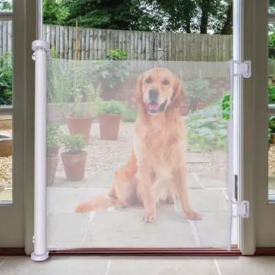 Immagine prodotto di Cancello per Animali Estensibile 11x160x86cm Cancelletto a Pulsante in Tessuto a Rete Flessibile Bianco