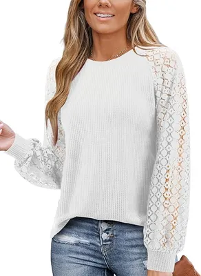 Produktbild von Elegante Damenbluse mit langen Ärmeln und weißer Spitze XL