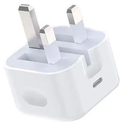 A white USB-C charger with UK plug pins.