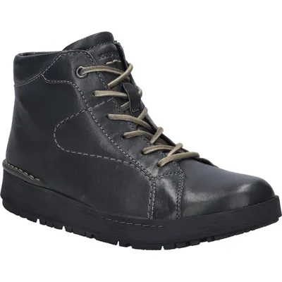 A studio shot of a single gray women's boot.