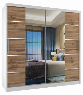 Produktbild von BELINI Verona ME Schiebetürenschrank 200 cm Weiß/Goldbraun Matt - Kleiderschrank mit Spiegel & 2 Schubladen, Schlafzimmer