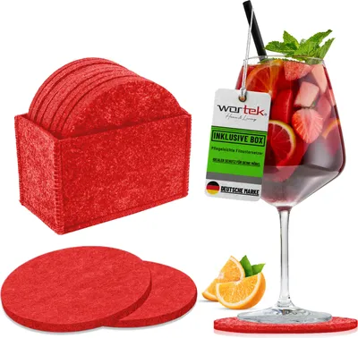 Produktbild von wortek Filz Untersetzer - Deko Tischset + Aufbewahrungsbox I  für Gläser & Tisch, 10er Set I 10cm I Rund, Rot