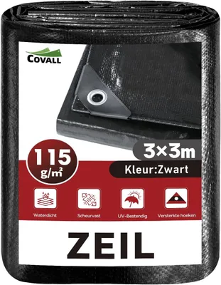 Productafbeelding van Afdekzeil 3 x 3 m, zwart, waterdicht, UV-bestendig, met metalen ogen, 115 g/m²