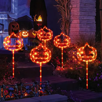 Immagine prodotto di Set di 5 lanterne solari a forma di zucca di Halloween, impermeabili, ideali per giardino e terrazza