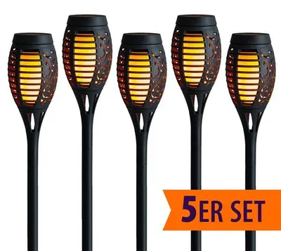Produktbild von 5er Set Solar Gartenfackel mit Flammeneffekt | 4 in 1 Funktion | inkl. Akku | aus wetterfestem Kunststoff