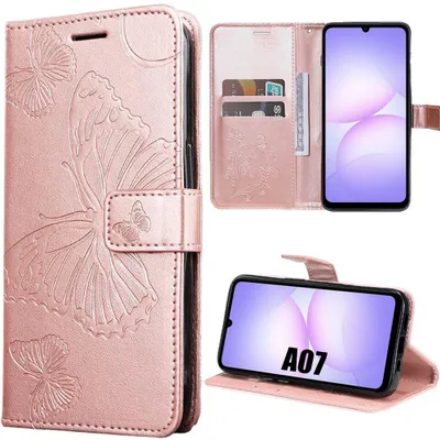 Image de Coque pour Samsung Galaxy A07, Protection Rabat Antichoc Anti-Rayures Effet Cuir Rose avec Motif Papillon