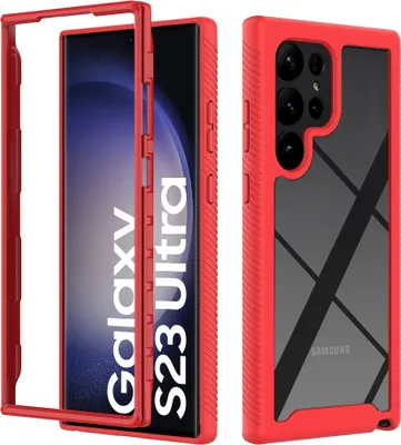 Produktbild von Galaxy S23 Ultra Hülle, Hybrid Transparente Rückseite Robust TPU Bumper Rutschfest Stoßfest Ganzkörper Schutzhülle für Samsung Galaxy S23 Ultra Rot