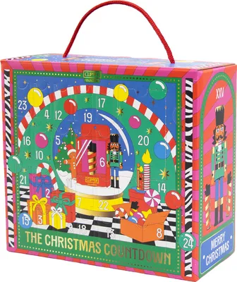 A colorful advent calendar box with Christmas-themed illustrations and numbers for counting down to Christmas.